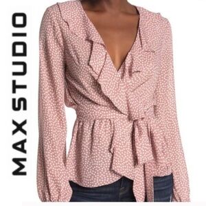 MAX STUDIO Ruffled Polka Dot Blouse Elastic Waist Bow Tie, Size S